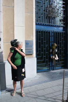 [Picture: Panopticon camera raven and data octopus at UK Repressentation to the EU, Brussels]